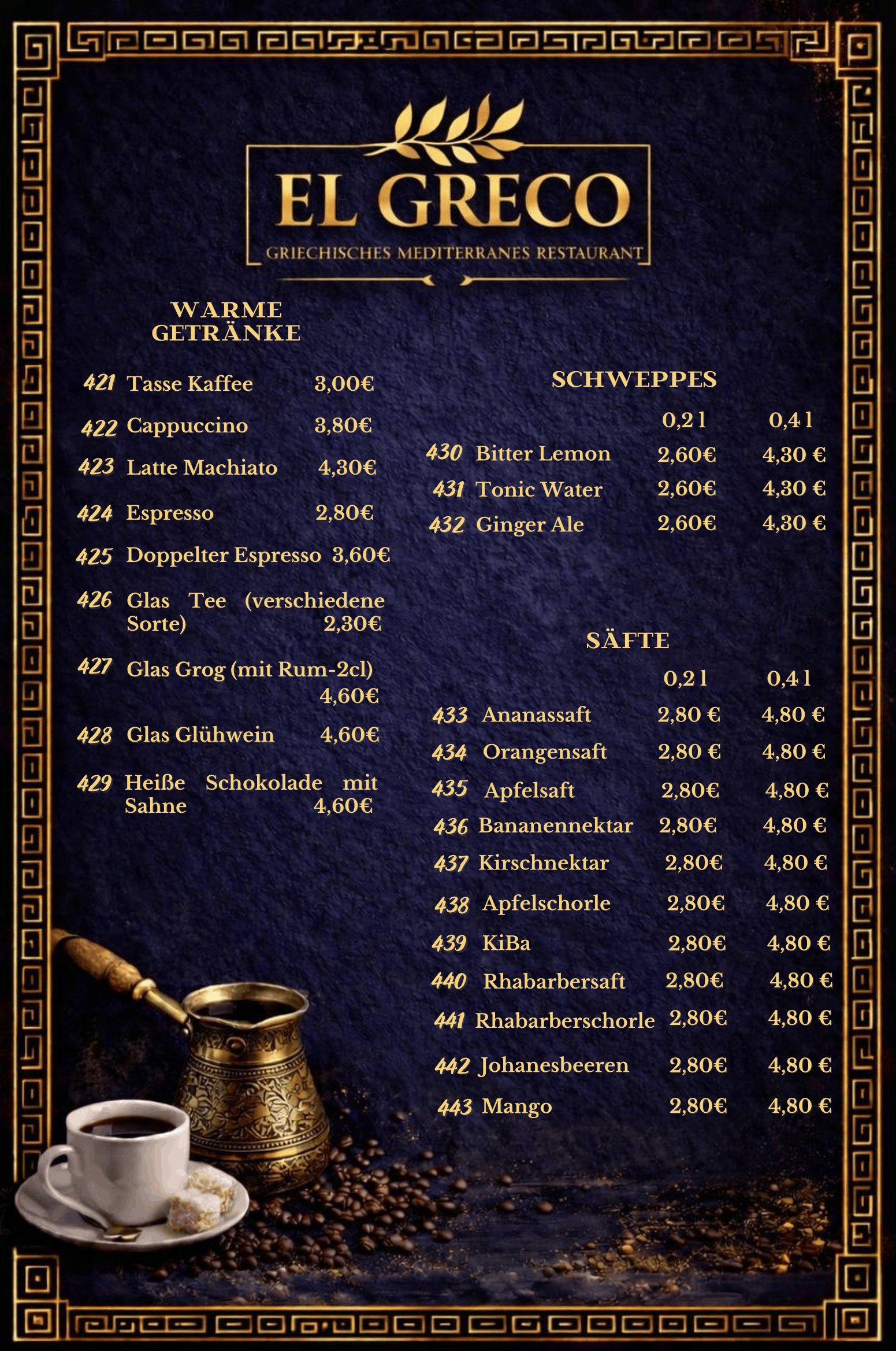 Warme Getränke, Säfte & Schweppes